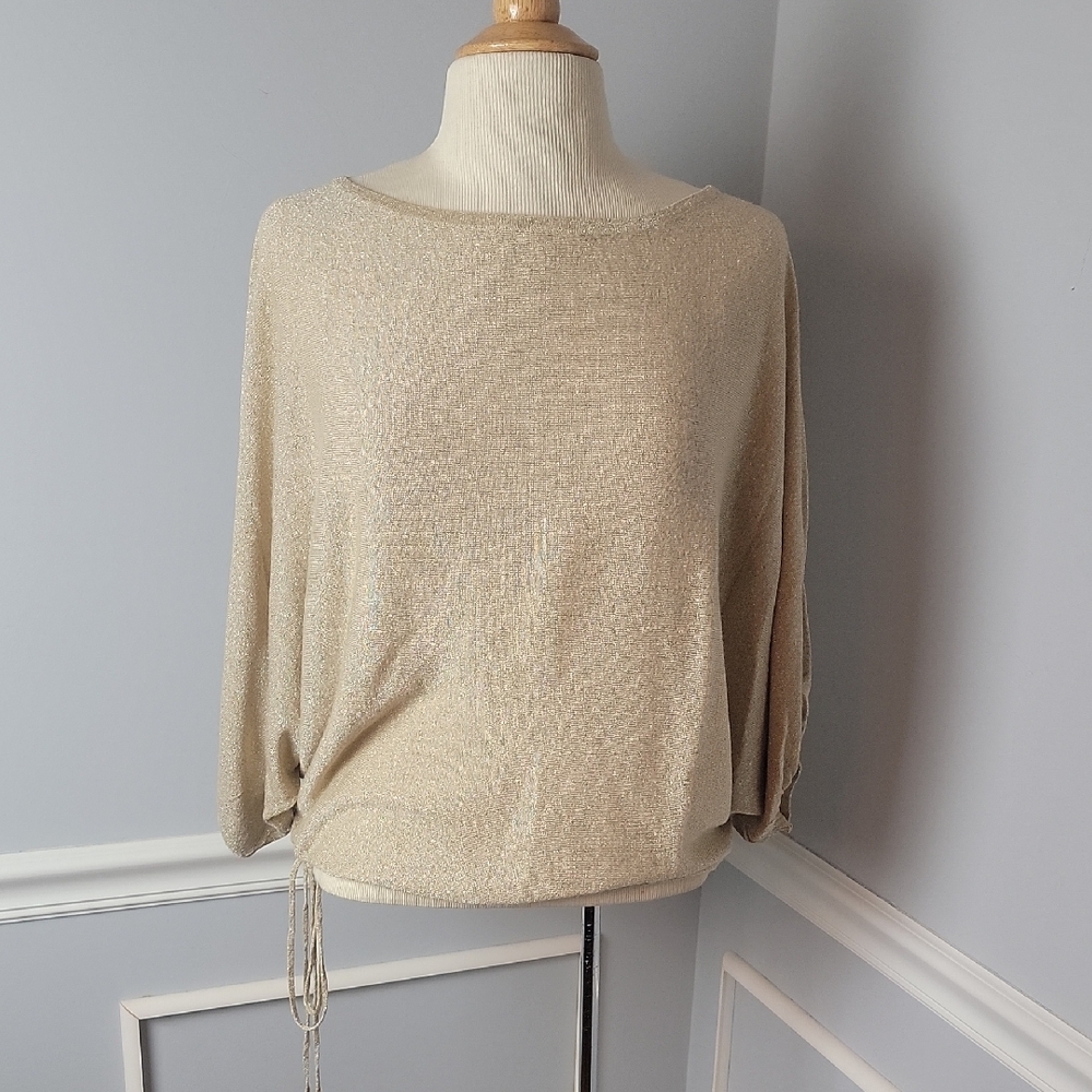 EXPRESS Gold Boat Neck Dolman Sleeve Drawstring Hem Party Holiday NYE Knit Top S
